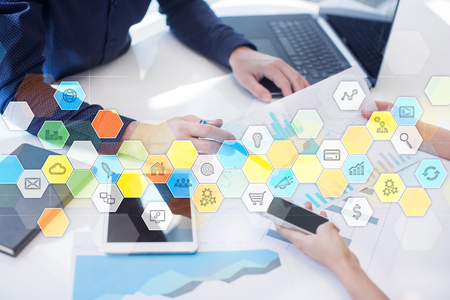 ICO, Initial Coin Offering. Digital electronic binary money financial concept. Bitcoin currency exchange on virtual screen interface.の写真素材
