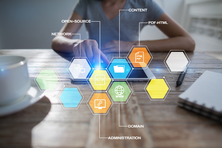 CMS. Content management system applications icons on virtual screen. Business, internet and technology concept.の写真素材