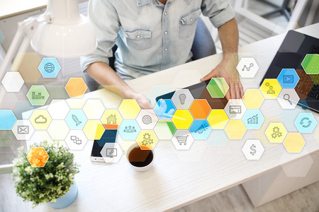 ICO, Initial Coin Offering. Digital electronic binary money financial concept. Bitcoin currency exchange on virtual screen interface.の写真素材