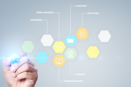 CMS. Content management system applications icons on virtual screen. Business, internet and technology concept.の写真素材