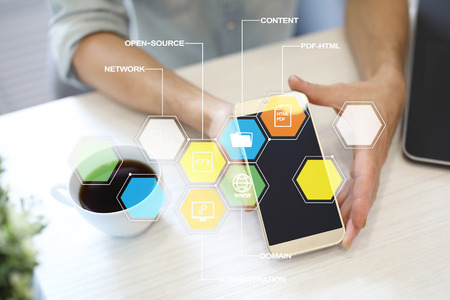 CMS. Content management system applications icons on virtual screen. Business, internet and...