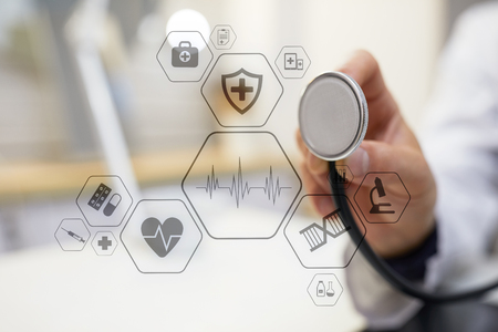 Medical concept on virtual screen. Healthcare. Online medical consultation and health check, EMR, EHR.の写真素材