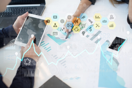 Colored applications icons and graphs on virtual screen. Business, internet and technology concept.