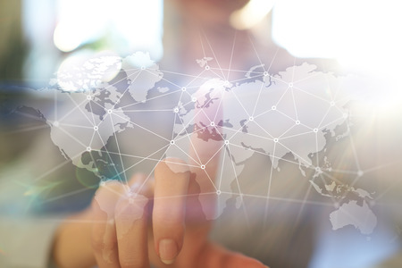 Worldwide network on virtual screen. World map and icons. Internet and technology concept. Social...