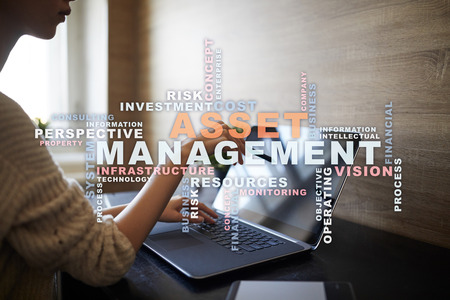 Asset management on the virtual screen. Business concept. Words cloud.の写真素材