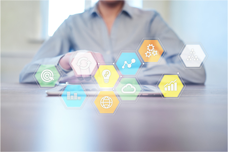 Colored applications icons and graphs on virtual screen. Business, internet and technology concept.の写真素材