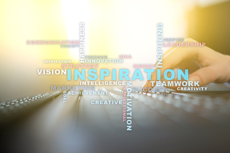 Inspiration words cloud on the virtual screen.の写真素材