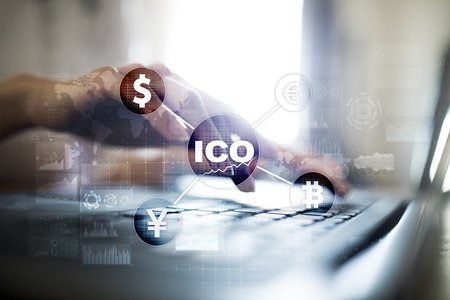 ICO, Initial Coin Offering. Digital electronic binary money financial concept. Bitcoin currency...