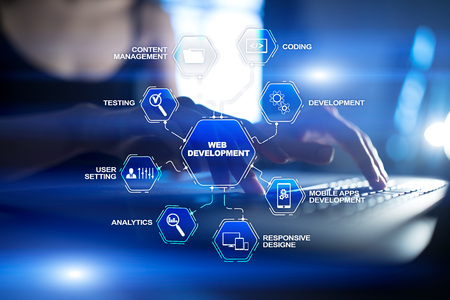 Web design and development concept on the virtual screen.