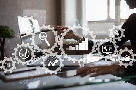 Big data analytics. BI business intelligence concept with chart and graph icons on virtual screen.の写真素材