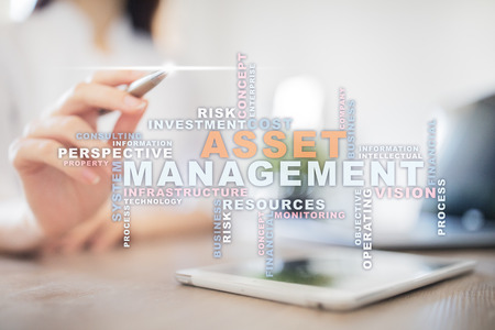 Asset management on the virtual screen. Business concept. Words cloud.の写真素材