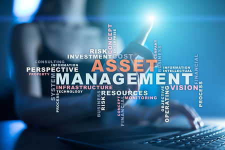 Asset management on the virtual screen. Business concept. Words cloud.の写真素材