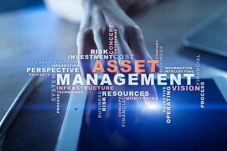 Asset management on the virtual screen. Business concept. Words cloud.の写真素材