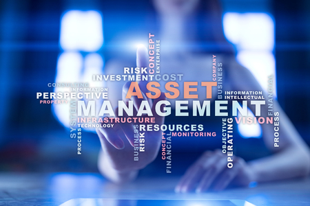 Asset management on the virtual screen. Business concept. Words cloud.の写真素材