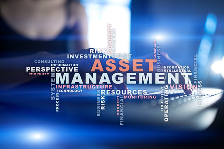 Asset management on the virtual screen. Business concept. Words cloud.の写真素材
