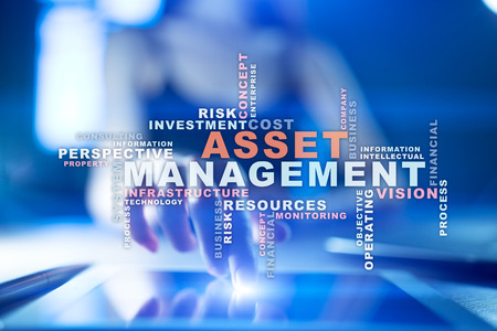 Asset management on the virtual screen. Business concept. Words cloud.の写真素材