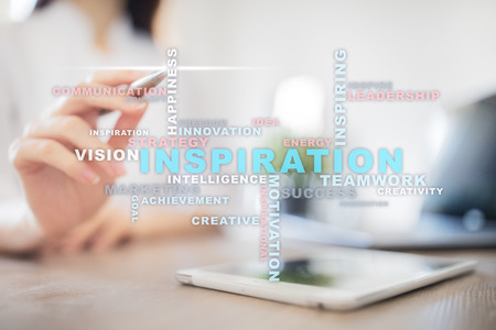 Inspiration words cloud on the virtual screen.の写真素材
