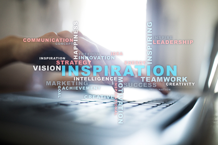 Inspiration words cloud on the virtual screen.の写真素材