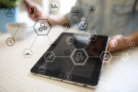 Business structure diagram, Automation, ERP or industry 4.0 concept on modern pc virtual screen.