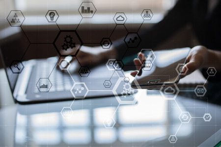 Business structure diagram, Automation, ERP or industry 4.0 concept on modern pc virtual screen.の写真素材