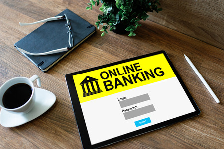 Online banking application on mobile device screen. Financial and internet technology concept.の写真素材