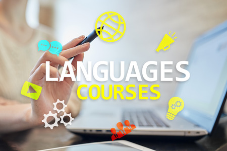 Language courses, Online learning, English shool, E-learning concept on virtual screen.の写真素材