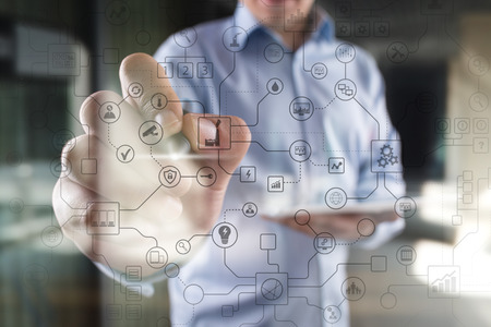Virtual screen industrial and business organization structure background. Modern technology and internet concept. IOT.の写真素材