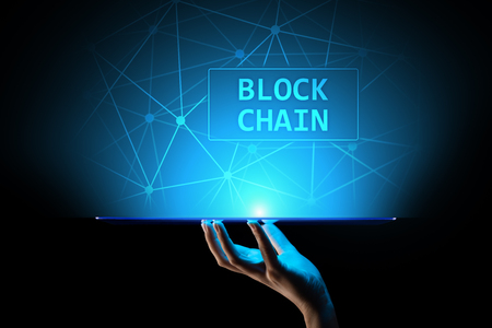 Blockchain technology concept on virtual screen. Cryptography and cryptocurrency.の写真素材