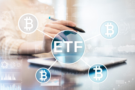 Bitcoin ETF, Exchange traded fund and cryptocurrencies concept on virtual screen.の写真素材