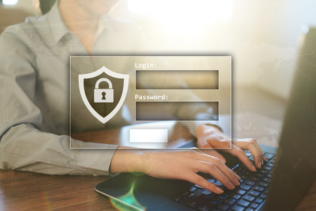 Access windows with login and password. Cybersecurity and data protection concept on virtual screen.の写真素材