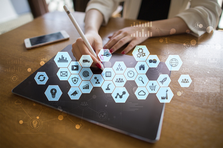 Virtual screen interface. Internet and digital technology in business concept.の写真素材