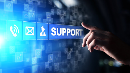 Support button on virtual screen. Customer service and communication concept.