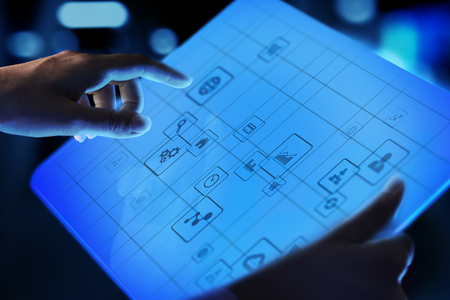 Application icons on virtual screen. Technology and business concept.の写真素材