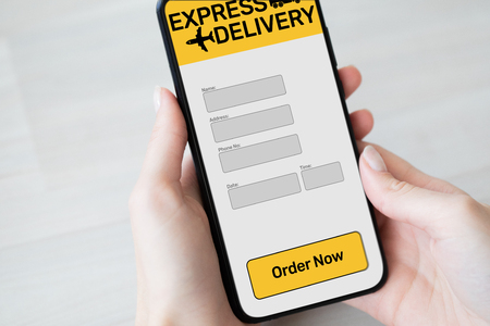 Express delivery service application form on mobile phone screen. Free shipping.の写真素材