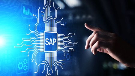 SAP - Business process automation software. ERP enterprise resources planning system concept on...