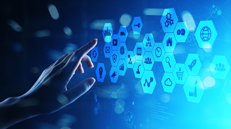 Mixed media, Business intelligence icons on virtual screen, analysis and big data processing...