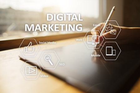 Digital marketing technology concept. Internet. Online. Search Engine Optimisation. SEO. SMM. Video Advertising.の写真素材