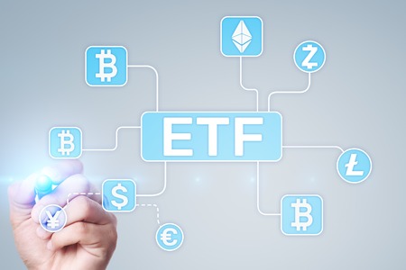 Bitcoin ETF. Exchange traded fund and cryptocurrency concept on virtual screen.の写真素材