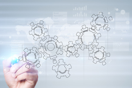 Gears wheels mechanism Design drawing. Industrial and manufacturing, business process automation concept.の写真素材