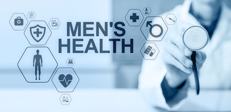 Mens Health banner, medical and health care concept on screen. Doctor with stethoscope.の写真素材