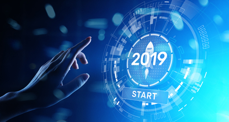 New year 2019 start button on virtual screen hologram. FInancial growth and new perspective in business and life.の写真素材