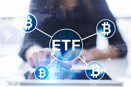 Bitcoin ETF, Exchange traded fund and cryptocurrencies concept on virtual screen.の写真素材