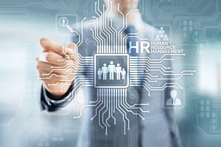 HR - Human resources management, Recruitment, Team Building, Organisation infrastructure and social relations on virtual screen.の写真素材