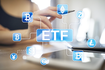 Bitcoin ETF. Exchange traded fund and cryptocurrency concept on virtual screen.の写真素材