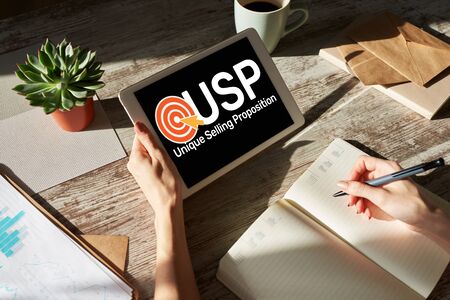 USP - Unique selling propositions. Business and finance concept on device screen.の写真素材