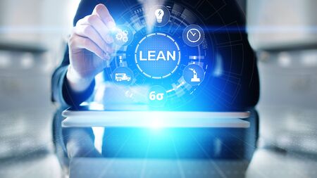 Lean, Six sigma, quality control and manufacturing process management concept on virtual screen.の写真素材
