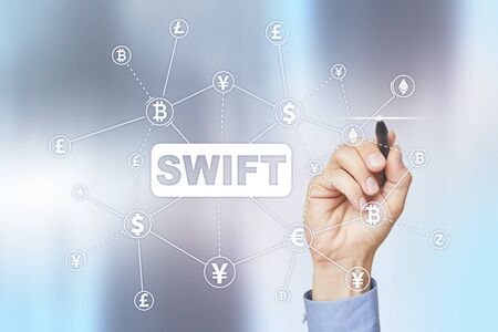 SWIFT, Society for Worldwide Interbank Financial Telecommunications, online payment and financial regulation concept.の写真素材