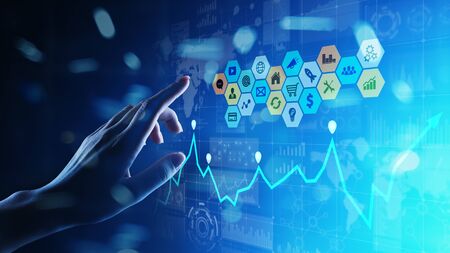 Mixed media, Business intelligence analytics. Icons, graphs and charts on virtual screen. Investment...