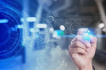 Engineering background with gears draft on virtual screen. Business innovation and modern technology...