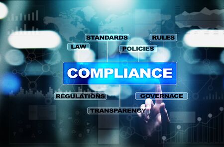 Compliance concept with icons and text. Regulations, law, standards, requirements, audit diagram on...